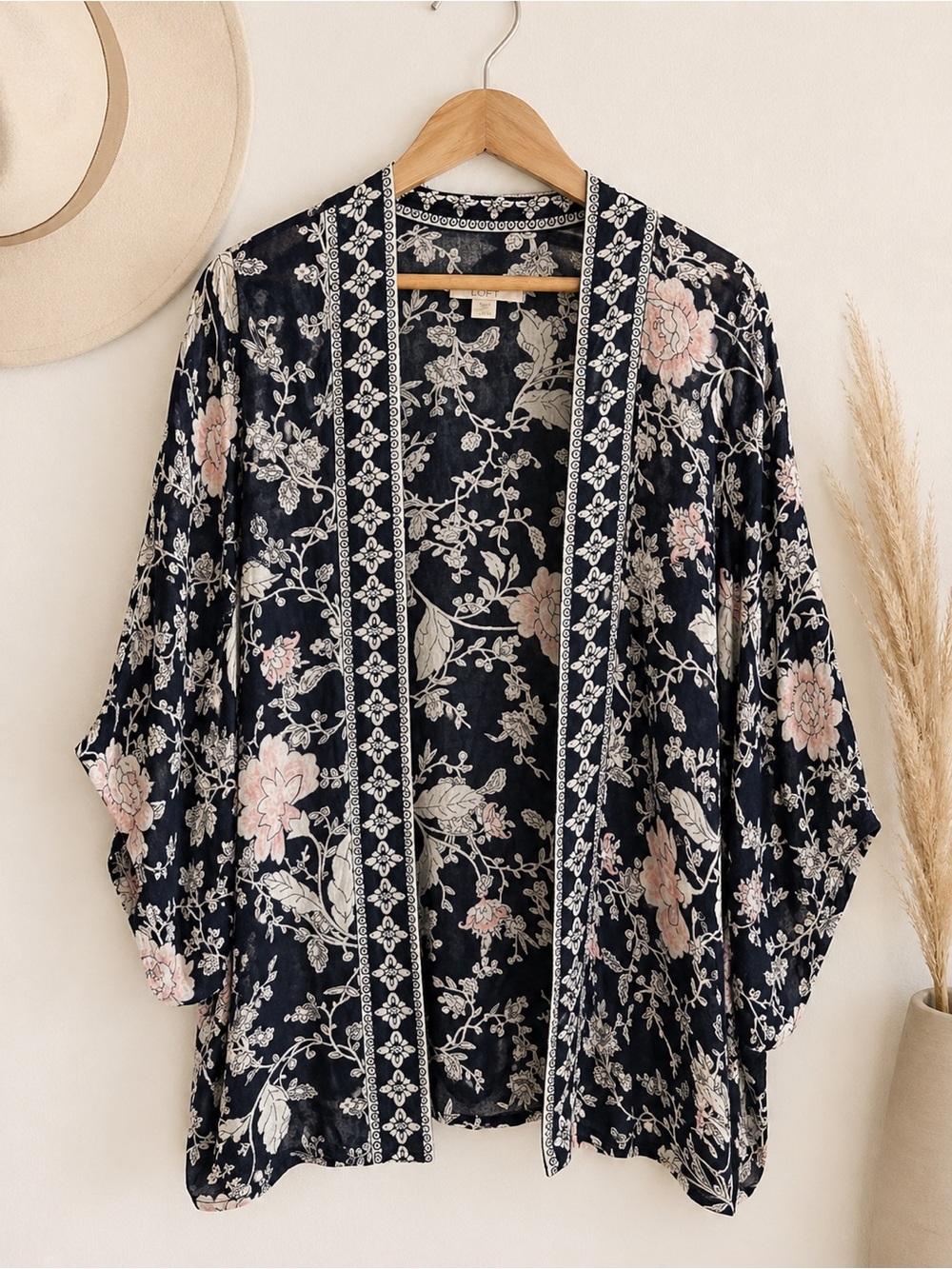 LOFT Black Sheer Floral Kimono with Pink and White Flowers